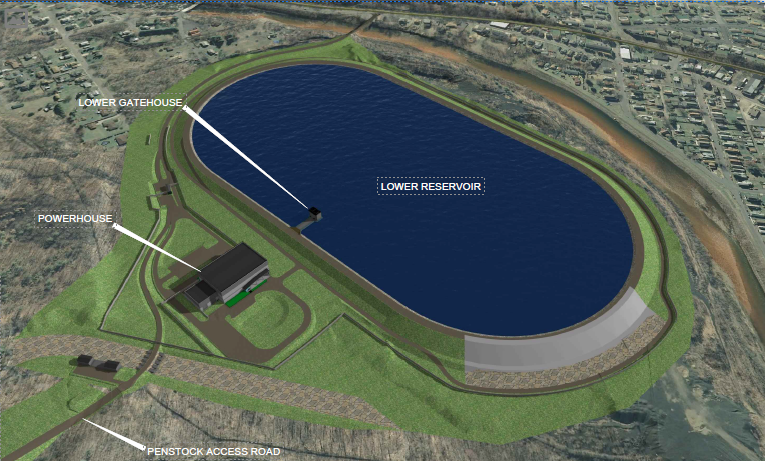 Aerial rendering of the Old Forge lower reservoir and powerhouse